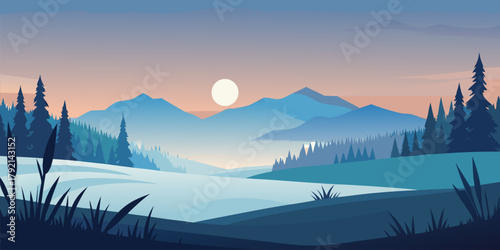 Misty Mountain Landscape with Sun and Reeds at Dawn Keywords: misty, mountain landscape