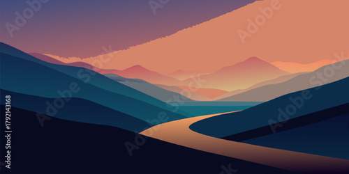 Mountain Valley Road at Sunset with Warm Sky Gradient