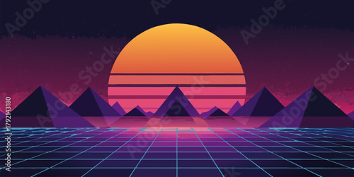 Retro Sunset Over Grid Landscape with Pyramids vector