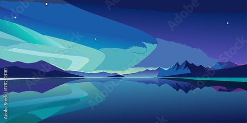 Reflective Lake Landscape with Aurora Sky and Distant Mountains