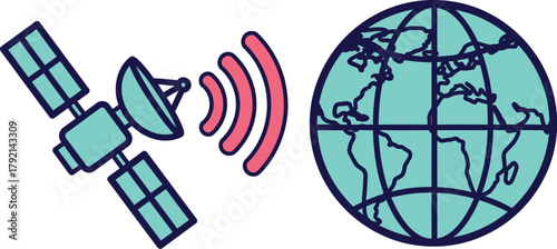 Satellite connects globe, symbolizing global communication and data transfer