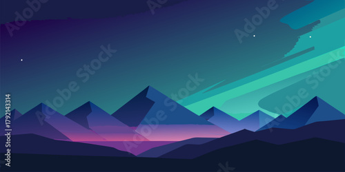 Stylized Mountain Landscape Under Aurora Borealis Sky