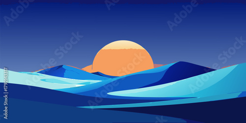 Stylized desert landscape with large sun at sunset