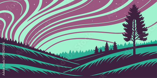 Stylized Landscape with Swirling Aurora and Lone Tree