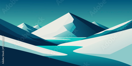 Stylized Snowy Mountain Peaks and Turquoise River Landscape