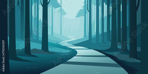 Winding path through a dark, blue-toned forest woods