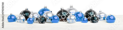 Isolated Christmas baubles alined on snow. Blue, black and silver colors. 3D rendering