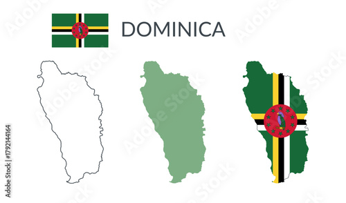 Dominica geographical borders isolated on white background. Flag of Dominica. Vector flat cliparts.	