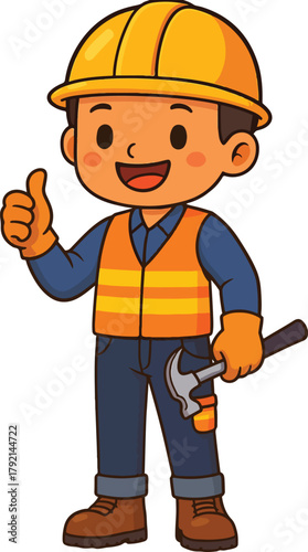Cute cartoon construction worker holding hammer and showing thumbs up wearing safety helmet and ves