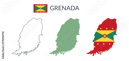 Grenada geographical borders isolated on white background. Flag of Grenada. Vector flat cliparts.	