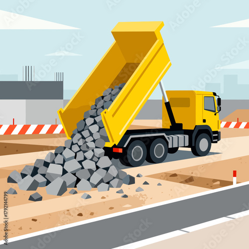 Yellow dump truck unloading gravel at the construction site  