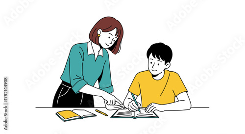 A teacher guiding a young student as they work together on an assignment at a desk.