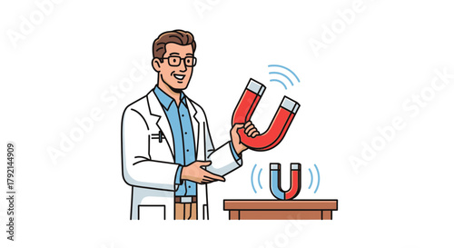 A smiling scientist in a lab coat demonstrates magnetism with two horseshoe magnets, one large and one small, showing their interaction.