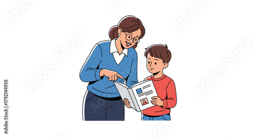 A caring woman teaching a young boy how to read from a book, pointing at the page.