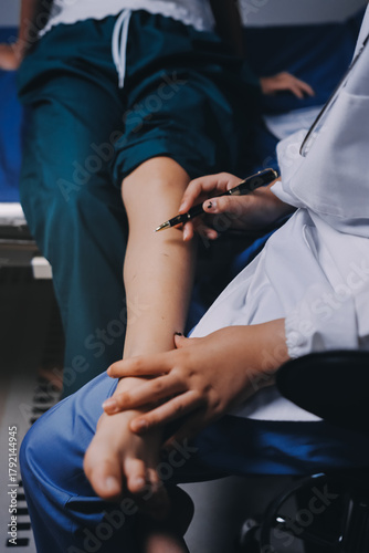 Rehabilitation therapy Professional male physiotherapists working in rehabilitation centers while treating male patients with leg and muscle pain.