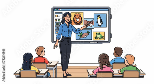 A teacher uses a digital whiteboard to teach young students about different animals, including a lion, a fish, a penguin, and a frog.