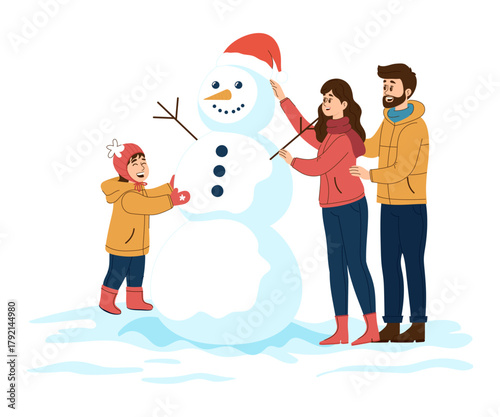 A family wearing warm winter clothes is making a large snowman with a Santa hat.