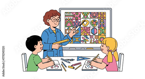 Teacher instructing students in art class with colorful geometric patterns on a whiteboard.