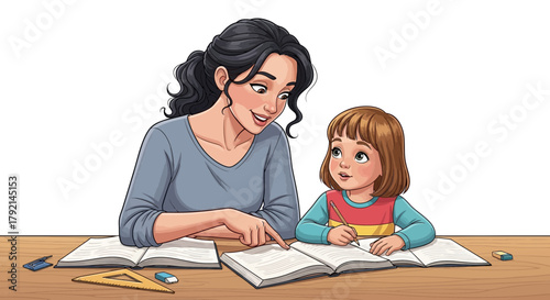A kind woman teaching a young girl how to read or do homework, sitting together at a wooden table with open books and school supplies.
