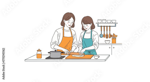 Illustration of two women cooking together in a kitchen, wearing aprons.