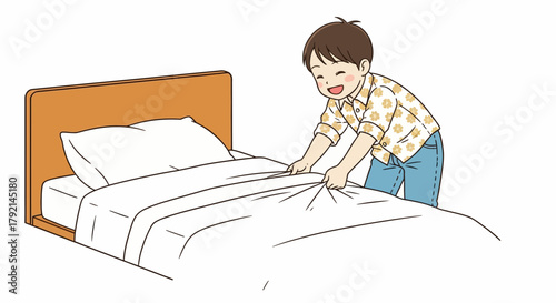 A cheerful young boy with a happy smile making his bed in the morning.