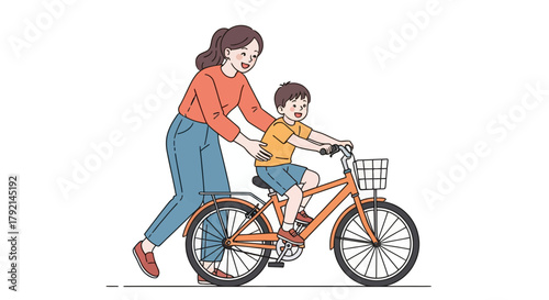 A mother is teaching her son how to ride a bicycle, providing support and encouragement.
