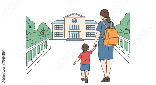 A mother holding her young son's hand while walking towards a school building for the first day of class.