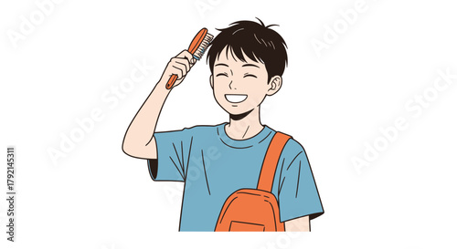 A smiling young person is brushing their hair with a comb, carrying a backpack.
