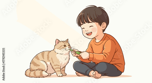A heartwarming illustration of a smiling young boy sitting on the floor and feeding his adorable chubby tabby cat.