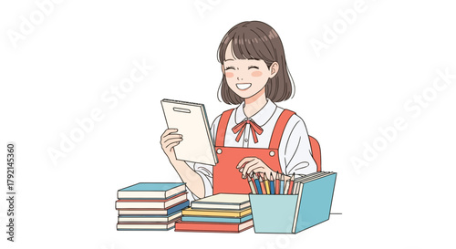 A smiling young woman sits at a desk, holding a clipboard, surrounded by books and pencils.