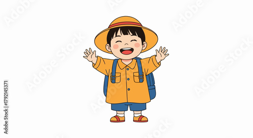 Illustration of a happy child with a backpack and hat.