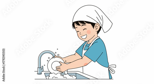 A cheerful young boy wearing an apron and a headscarf happily washes a plate in a kitchen sink.