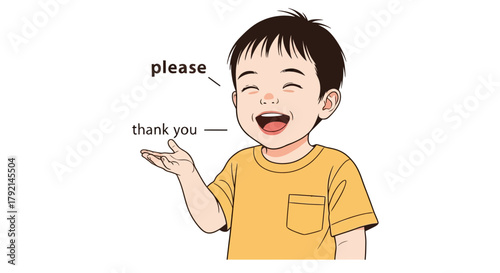 A happy young boy in a yellow t-shirt is saying "please" and "thank you" with a big smile.