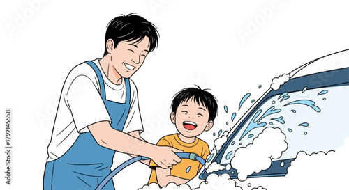 Happy father and son washing a car together with a hose and soap suds.