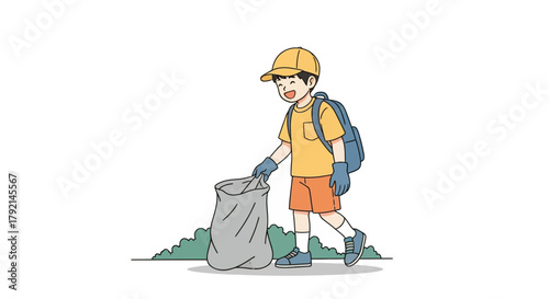 A happy young boy wearing a cap and gloves, picking up trash in a grey bag outdoors.
