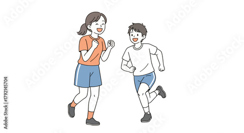 An illustration of a happy boy and girl in sportswear running and smiling together.