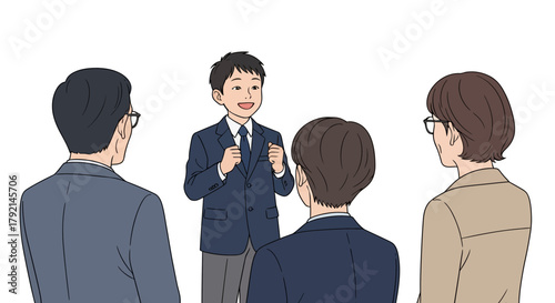 A young boy in a suit enthusiastically addresses a group of adults.
