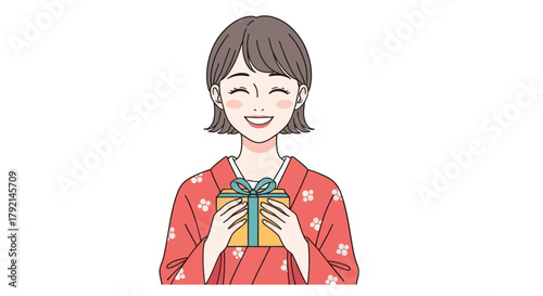 A smiling Japanese woman in a red kimono holding a beautifully wrapped gift box with a blue ribbon.