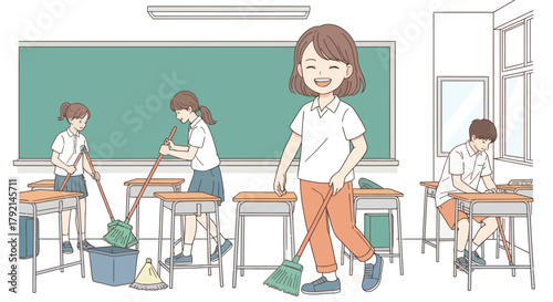 Students cleaning a classroom, with one smiling and others sweeping and tidying up.