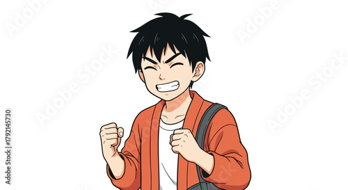 Anime-style illustration of a young man with dark hair and an orange jacket, smiling and clenching his fists.