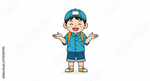 A cheerful cartoon illustration of a young boy with a backpack and a cap, smiling and gesturing with open arms.