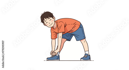 A young boy in an orange shirt and blue shorts tying his shoelace on a sunny day.