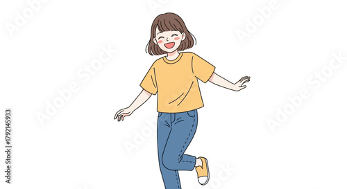 A cheerful young woman with short brown hair, wearing a yellow t-shirt and blue jeans, smiling happily and skipping.