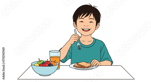 A happy young Asian boy eating a healthy breakfast of fruit, toast, and orange juice at a table.