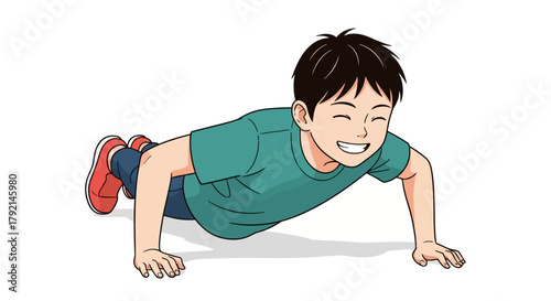 A young boy with dark hair and a green t-shirt performs a push-up with a joyful expression.