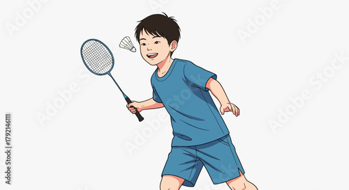 A happy young boy in a blue outfit playing badminton with a racket and shuttlecock.