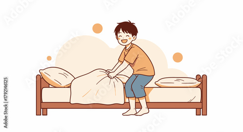 Illustration of a boy making his bed with a smile on his face.