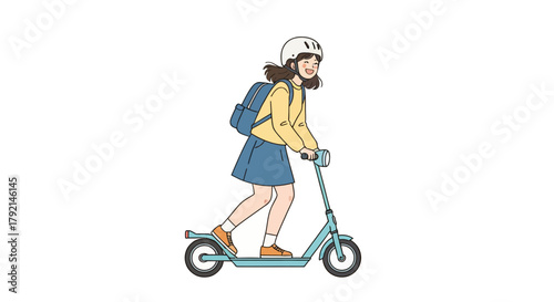 A young girl with a backpack and helmet rides an electric scooter with a smile.