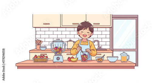 A happy young person in an apron preparing a healthy fruit smoothie in a bright kitchen.