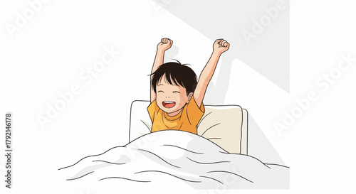A cheerful young boy stretches his arms up in the air after waking up in bed, smiling with joy.